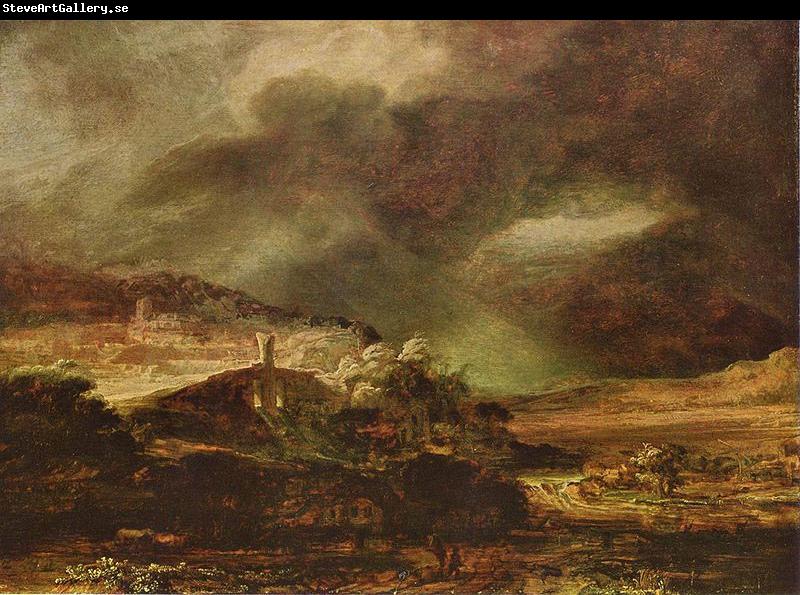 Rembrandt Harmensz Van Rijn Stadt auf einem Hugel bei sturmischem Wetter